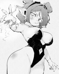 1girl black_leotard blush body_freckles breasts cameltoe clothing_cutout detached_collar double_bun fang female_goblin freckles from_below gloves goblin goggles goggles_on_head hair_bun highleg highleg_leotard highres large_breasts large_ears leotard long_pointy_ears looking_at_viewer miregeist monochrome navel navel_cutout nipple_slip nipples original playboy_bunny pointy_ears short_hair shortstack solo strapless strapless_leotard