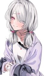 1girl absurdres asumi_sena asumi_sena_(5th_costume) cardigan cattleya_regina_games dow_suitable hair_intakes hair_over_one_eye highres low_twintails multicolored_hair multiple_necklaces open_cardigan open_clothes pink_eyes purple_cardigan shirt simple_background single_off_shoulder smile solo steepled_fingers streaked_hair twintails upper_body virtual_youtuber vspo! white_background white_hair white_shirt