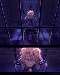 1boy absurdres albedo_(genshin_impact) artist_name black_pants blonde_hair chain genshin_impact green_eyes highres indoors kneeling pants prison prison_cell pruwinkle purple_shirt restrained shirt short_hair solo twitter_username vision_(genshin_impact) window_shadow