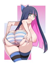 Rule 34 | 1girl, absurdres, aqua eyes, bikini, black thighhighs, blue bow, blue eyes, blue thighhighs, bow, breasts, censored, closed mouth, colored inner hair, commentary, fingernails, hair bow, highres, huge breasts, korean commentary, long hair, looking at viewer, mosaic censoring, multicolored hair, nail polish, nipples, panties, panty &amp; stocking with garterbelt, pink hair, puffy nipples, purple hair, purple nails, rehu (astd5787), solo, stocking (psg), striped bikini, striped clothes, striped panties, striped thighhighs, swimsuit, thighhighs, thighs, two-tone hair, underwear, white background, white bikini