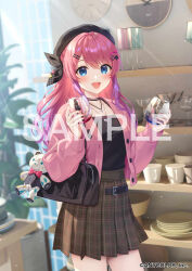 1girl bag belt beret black_bag black_belt black_hat black_shirt blue_eyes bow bshi_edayo gradient_hair hair_bow hair_ornament hat holding jacket jewelry kuramochi_meruto long_hair long_sleeves looking_at_viewer multicolored_hair necklace nijisanji official_art open_clothes open_jacket open_mouth outdoors pink_bow pink_hair pink_jacket sample_watermark shirt shoulder_bag skirt smile solo standing virtual_youtuber watermark