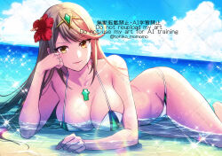 Rule 34 | 1girl, bare shoulders, beach, bikini, blonde hair, blue sky, breasts, chest jewel, cleavage, closed mouth, cloud, cloudy sky, core crystal (xenoblade), flower, gem, hair flower, hair ornament, headpiece, large breasts, long hair, looking at viewer, mythra (xenoblade), partially submerged, sky, smile, solo, swept bangs, swimsuit, tiara, toriko momomo, very long hair, water, white bikini, xenoblade chronicles (series), xenoblade chronicles 2, yellow eyes