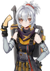Rule 34 | 1girl, absurdres, black gloves, closed mouth, cowboy shot, dodo (yatotoyatoto), gloves, hair between eyes, hand on own hip, highres, holding, holding weapon, light blush, long hair, looking at viewer, ponytail, sidelocks, simple background, soldier 11 (zenless zone zero), solo, weapon, white background, white hair, zenless zone zero