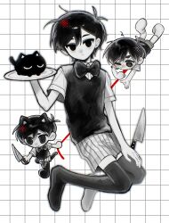 Rule 34 | 2boys, :&lt;, @ @, animal ears, antenna hair, black bow, black bowtie, black cat, black eyes, black hair, black socks, black thighhighs, black vest, bow, bowtie, brown shorts, cat, cat boy, cat ears, cat tail, chibi, chibi inset, closed mouth, collared shirt, colored skin, double-parted bangs, dual persona, empty eyes, expressionless, full body, grid background, hair between eyes, hand on own leg, hand up, highres, holding, holding knife, holding plate, holding rope, kitchen knife, knee up, knife, looking at viewer, male focus, mewo, multiple boys, omori, omori (omori), one eye closed, open mouth, outstretched arm, plate, pulling, red rope, rope, rou (h s sinrin), running, shirt, short hair, short sleeves, shorts, slit pupils, socks, spot color, striped clothes, striped shorts, sunny (omori), sweatdrop, sweater vest, tail, thighhighs, vertical-striped clothes, vertical-striped shorts, vest, white background, white shirt, white shorts, white skin, white socks