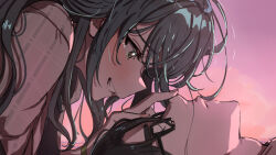 1boy 1girl black-framed_eyewear black_hair commentary_request gakuen_idolmaster glasses green_hair grin idolmaster kasasagi_(futagodori888) long_hair looking_at_another producer_(idolmaster) profile smile tsukimura_temari
