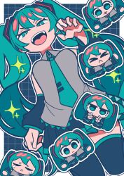 1girl aqua_eyes aqua_hair aqua_necktie bare_shoulders black_boots black_skirt boots border chibi detached_sleeves fyrvwyhrdgjlfka grey_shirt grid_background grin hatsune_miku highres long_hair looking_at_viewer miku_day multiple_views necktie open_mouth outside_border pleated_skirt shirt skirt sleeveless sleeveless_shirt smile teeth thigh_boots tongue twintails upper_teeth_only vocaloid white_border