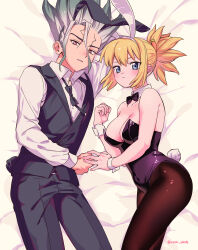 1boy 1girl absurdres alternate_costume animal_ears bare_arms bed_sheet black_bow black_bowtie black_leotard black_pants black_pantyhose black_vest blonde_hair blue_eyes bow bowtie breasts carrot_hair_ornament cleavage closed_mouth collarbone collared_shirt covered_navel detached_collar dr._stone dress_shirt fake_animal_ears fake_tail food-themed_hair_ornament from_above gradient_hair green_hair hair_between_eyes hair_ornament hairband highres ishigami_senkuu izumi_whale kohaku_(dr._stone) leotard long_hair long_sleeves looking_at_viewer lying male_focus medium_breasts multicolored_hair on_side pants pantyhose parted_lips playboy_bunny rabbit_ears rabbit_tail red_eyes shirt strapless strapless_leotard tail twitter_username vest white_hair white_hairband white_shirt wing_collar wrist_cuffs