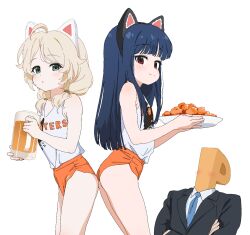 1boy 2girls alcohol animal_ears ass beer blonde_hair blue_hair cat_ears formal_clothes green_eyes highres hooters idolmaster idolmaster_cinderella_girls loli long_hair medium_hair multiple_girls nhej p-head_producer producer_(idolmaster) red_eyes sajo_yukimi short_shorts shorts simple_background suit white_background yusa_kozue