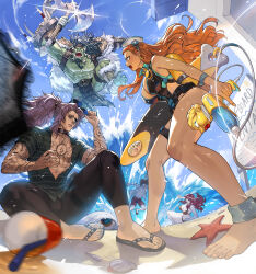 2girls 3boys artist_request axe beach bikini blue_sky bodysuit colored_skin cup disposable_cup diving_mask diving_suit erza_(kingdom_death) face_piercing feet goggles green_skin grimmory_(kingdom_death) highres kingdom_death leotard multiple_boys multiple_girls nose_piercing nose_ring official_art orange_hair orc parasol piercing purple_hair red_hair sandals sky surfboard swimsuit umbrella water water_gun waves wetsuit