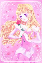 1girl animification aurora_(disney) blonde_hair blue_eyes dress flower highres holding long_hair long_sleeves looking_at_viewer makeup princess simple_background sleeping_beauty_(disney) smile solo tiara user_hcmp8833