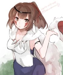 10s 1girl brown_eyes brown_hair cosplay female_focus hair_ribbon ise_(kancolle) kantai_collection looking_at_viewer mononoke_hime ponytail ribbon san_(cosplay) san_(mononoke_hime) solo