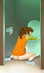 00s 1girl a1_(initial-g) bottomless brown_hair collapsed cum exhausted female_focus idolmaster idolmaster_(classic) idolmaster_1 naked_shirt raglan_sleeves shirt sick solo t-shirt takatsuki_yayoi toilet twintails