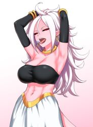 1girl abs android_21 armpits bandeau bare_shoulders black_bandeau black_gloves black_sclera black_tube_top bracelet breasts cleavage collarbone colored_sclera colored_skin dark_persona detached_sleeves dragon_ball dragon_ball_fighterz earrings elbow_gloves female_focus gloves gold_bracelet gold_earrings highres hoop_earrings jewelry large_breasts long_hair majin_android_21 midriff navel neck_ring pink_skin red_eyes solo spiked_hair st.germain-sal teeth tongue tongue_out tube_top upper_teeth_only very_long_hair