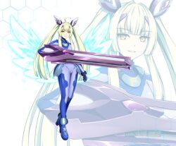 Rule 34 | 1girl, ahoge, alternate costume, amakubo yuri, blue bodysuit, blue gloves, bodysuit, breasts, commission, energy wings, exs-tia flora, full body, gloves, green hair, gun, holding, holding gun, holding weapon, honeycomb (pattern), kouyoku senki exs-tia, long hair, looking at viewer, lyrical nanoha, mahou shoujo lyrical nanoha strikers, mecha musume, multicolored bodysuit, numbers&#039; uniform, numbers (nanoha), oshimaru026, sidelocks, skeb commission, skin tight, smile, solo, twintails, weapon, wings, yellow eyes, zoom layer