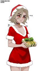 +_+ :s bell bow bright_pupils brown_choker choker closed_mouth dress eyes_visible_through_hair fingernails flat_chest fortnite gift green_bow grey_hair hair_between_eyes hat highres holding holding_gift jingle_bell joni_(fortnite) lilatole motion_lines nail_polish neck_bell piercing red_eyes red_nails santa_costume santa_dress santa_hat simple_background white_background white_pupils