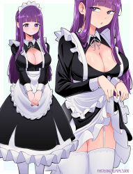 1girl absurdres alternate_costume apron breasts cleavage clothes_lift commentary dress dress_lift elpipe_3000 english_commentary enmaided fern_(sousou_no_frieren) highres large_breasts lifting_own_clothes maid maid_apron maid_headdress multiple_views purple_eyes purple_nails simple_background sousou_no_frieren thighhighs white_background white_thighhighs