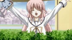 00s 1girl animated animated_gif anime_screenshot bouncing_breasts bow breasts da_capo da_capo_ii female_focus hanasaki_akane hand_puppet happy large_breasts long_hair pink_hair puppet school_uniform smile solo
