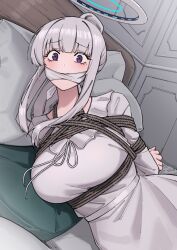 1girl absurdres arms_behind_back bdsm blue_archive bondage bound breasts cloth_gag frilled_pajamas frills gag gagged halo harris_hero highres improvised_gag large_breasts long_hair looking_at_viewer mechanical_halo nightgown noa_(blue_archive) noa_(pajamas)_(blue_archive) official_alternate_costume pajamas ponytail purple_eyes restrained rope sleepwear white_halo white_nightgown white_pajamas