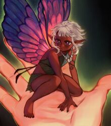 1boy 1other barefoot butterfly_wings catsanie commentary dark-skinned_male dark_skin dungeon_meshi english_commentary fairy fairy_wings highres in_palm insect_wings jewelry leaf_clothing male_focus mini_person miniboy necklace pointy_ears purple_eyes simple_background solo_focus thistle_(dungeon_meshi) trap white_hair wings