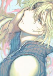 1boy 1girl aerith_gainsborough bangle bare_shoulders blonde_hair blue_eyes bracelet bubtea closed_mouth cloud_strife colored_eyelashes crying earrings final_fantasy final_fantasy_vii final_fantasy_vii_advent_children grey_vest hair_between_eyes hand_on_another&#039;s_cheek hand_on_another&#039;s_face hetero highres holding_another&#039;s_wrist jewelry popped_collar short_hair single_earring tears upper_body vest