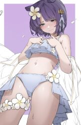 1girl absurdres bikini blush breasts closed_mouth commentary english_commentary flower grey_bikini grey_eyes hair_flower hair_ornament highres hololive hololive_english igonnaswing navel ninomae_ina&#039;nis purple_hair short_hair small_breasts solo sweat swimsuit virtual_youtuber white_flower