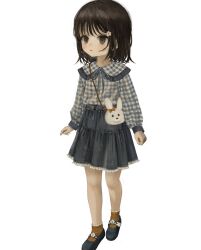 1girl absurdres animal_bag bad_id bad_twitter_id bag blue_ribbon bob_cut brown_eyes brown_hair brown_socks child collared_shirt flower frilled_shirt_collar frilled_skirt frilled_socks frills full_body grey_shirt grey_shoes grey_skirt hair_flower hair_ornament high-waist_skirt highres long_sleeves looking_at_viewer mary_janes medium_hair miyakawa_haruka_(namuta) namuta neck_ribbon original parted_lips plaid_clothes plaid_shirt rabbit_bag rabbit_ornament ribbon shirt shoes shoulder_bag simple_background skirt sleeve_cuffs socks solo standing straight_hair white_background white_flower