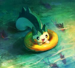 animal_focus black_eyes bright_pupils finneon full_body gen_4_pokemon koriarredondo looking_ahead nintendo no_humans open_mouth outdoors pachirisu pokemon pokemon_(creature) ripples solo_focus water white_pupils yellow_innertube