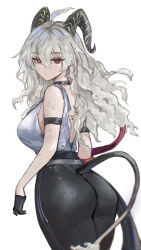 Rule 34 | 1girl, absurdres, arm strap, ass, atiarta7, bare shoulders, black choker, black gloves, black horns, black pants, black tail, breasts, bright pupils, choker, closed mouth, commentary, cowboy shot, curled horns, from behind, from side, gloves, grey hair, hair between eyes, highres, horns, large breasts, long hair, looking at viewer, looking to the side, pants, red eyes, shirt, shirt tucked in, simple background, solo, tacet mark (wuthering waves), torn clothes, torn shirt, white background, white pupils, white shirt, wuthering waves, zani (wuthering waves)