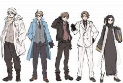 Rule 34 | 5boys, ahoge, america (hetalia), axis powers hetalia, baggy pants, belt, black-framed eyewear, black belt, black boots, black choker, black eyes, black gloves, black hair, black jacket, black necktie, black pants, black shirt, black shoes, blonde hair, blue coat, blue eyes, boots, breast pocket, brown eyes, brown hair, brown shoes, buttons, changpao, china (hetalia), chinese clothes, choker, closed mouth, coat, collared shirt, commentary request, down jacket, formal clothes, france (hetalia), full body, fur-trimmed jacket, fur trim, glasses, gloves, green eyes, grey sweater, grey vest, hand in pocket, hand on own hip, hands in pockets, hat, himaruya hidekazu, jacket, lapels, leather, leather jacket, long hair, long sleeves, looking at viewer, low ponytail, male focus, mandarin collar, multicolored hair, multiple boys, necktie, official alternate costume, official art, open clothes, open jacket, pants, pocket, polka dot necktie, ponytail, puffy long sleeves, puffy sleeves, purple eyes, red hair, red shirt, russia (hetalia), scarf, semi-rimless eyewear, shirt, shoes, short hair, simple background, smile, streaked hair, suit, suit jacket, sweater, t-shirt, united kingdom (hetalia), v-shaped eyebrows, vest, white background, white hair, white hat, white jacket, white pants, white scarf, white shirt, wide sleeves, wing collar, yellow necktie