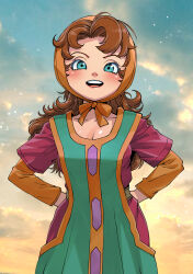 1girl blue_eyes bow breasts brown_hair cleavage commentary_request curly_hair dragon_quest dragon_quest_vii eyelashes hands_on_own_hips highres long_hair maribel_(dq7) muramasa_mikado open_mouth orange_bow solo standing sunset teeth upper_teeth_only