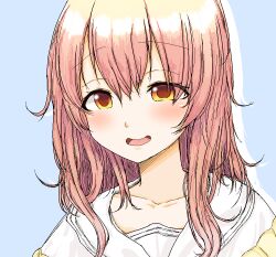 Rule 34 | 1girl, blue background, cardigan, collarbone, hair between eyes, hair over shoulder, kimi to kanojo to kanojo no koi., lee mae hyang, light blush, long hair, messy hair, mukou aoi (totono), nitroplus, open mouth, pink hair, sailor collar, school uniform, serafuku, simple background, smile, tongue, white sailor collar, white serafuku, yellow cardigan, yellow eyes