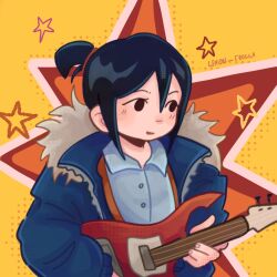 1girl abstract_background artist_name bass_guitar black_eyes black_hair collared_shirt bass_guitar fur-trimmed_jacket fur_trim hair_between_eyes highres holding holding_bass_guitar holding_instrument instrument jacket knives_chau lemon_froggie light_blush looking_afar parted_lips ponytail scott_pilgrim_(series) scott_pilgrim_takes_off shirt short_hair short_ponytail sidelocks standing star_(symbol) upper_body