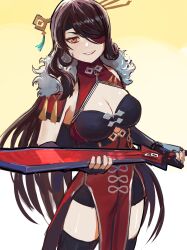 1girl absurdres asymmetrical_bangs beidou_(genshin_impact) belt belt_buckle black_belt black_headband black_leotard black_thighhighs blackcliff_slasher_(genshin_impact) breasts brown_hair buckle capelet chest_belt china_dress chinese_clothes cleavage cleavage_cutout clothing_cutout coattails collared_dress colored_eyepatch commentary contrapposto cowboy_shot curled_fingers dress elbow_gloves english_commentary eyebrows_hidden_by_hair eyepatch fingerless_gloves framed_breasts fur-trimmed_capelet fur_trim genshin_impact gift_art gloves gradient_background greatsword grin hair_ornament hair_over_one_eye hair_spread_out hair_stick hairpin half-closed_eyes headband high_collar highres holding holding_sword holding_weapon large_breasts leotard long_dress long_eyelashes long_hair long_sidelocks looking_at_viewer narrowed_eyes orange_eyes parted_bangs pelvic_curtain red_capelet red_dress side_slit sidelocks silver_trim sleeveless sleeveless_dress smile standing strapless strapless_leotard sword tassel teeth thick_eyelashes thighhighs thighs toggles underbust v-shaped_eyebrows vertigris very_long_hair weapon white_background yellow_background yellow_eyes