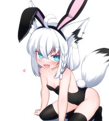 1girl aged_down ahoge animal_ear_fluff animal_ears bare_arms black_leotard black_thighhighs blush braid breasts collarbone commentary_request earrings fake_animal_ears fang fox_ears fox_girl fox_tail green_eyes hair_between_eyes heart highres hololive jewelry leotard llxr18 long_hair looking_at_viewer open_mouth playboy_bunny rabbit_ears rabbit_tail shirakami_fubuki sidelocks simple_background single_braid sitting skin_fang small_breasts solo tail thighhighs virtual_youtuber wariza white_background white_hair
