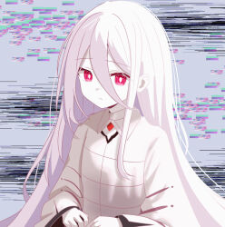 1girl absurdres blue_archive brown_shirt closed_mouth collared_shirt colored_skin commentary_request gallve hair_between_eyes highres kei_(blue_archive) long_hair long_sleeves red_eyes shirt solo sweater white_hair white_skin wide_sleeves