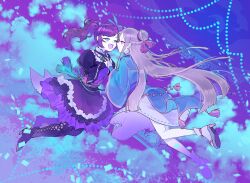 blonde_hair braid brown_eyes chacha frilled_skirt frills gloves green_eyes hair_ornament hair_ribbon half-closed_eyes high_heel_sandals high_heels holding_hands hosokawa_gracia interlocked_fingers japanese_clothes kimono lace-trimmed_sleeves lace_trim legs long_hair looking_at_another medium_hair obi open_mouth pantyhose platform_sandals red_hair ribbon sash sengoku_musou skirt smile swept_bangs tabi twintails