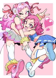 2girls absurdres blue_footwear blue_shirt blue_skirt blush closed_mouth cone_hair_bun crop_top cure_yell double_bun earrings floral_print flower green_ribbon hair_bun hair_flower hair_ornament hair_ribbon heart heart_earrings highres hugtto!_precure jewelry kikukekosasi long_hair magical_girl medium_hair midriff multiple_girls nono_hana one_eye_closed open_mouth pink_eyes pink_footwear pink_hair pink_shirt pink_skirt pleated_skirt precure red_ribbon ribbon shirt shoes skirt sleeveless sleeveless_shirt smile socks thighhighs white_socks white_thighhighs