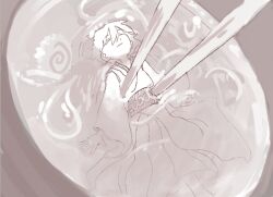 1girl chopsticks closed_eyes closed_mouth food greyscale holding holding_chopsticks japanese_clothes kimono monochrome sash short_hair solo soup sukuna_shinmyoumaru touhou yuuybee