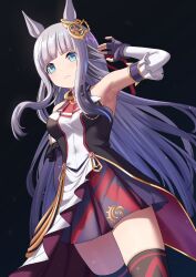 1girl armpits blue_eyes blunt_bangs blush breasts chrono_genesis_(umamusume) closed_mouth commentary_request dark_background detached_sleeves fingerless_gloves gloves grey_hair hair_between_eyes hair_ornament highres horse_girl long_hair looking_at_viewer philo_324 simple_background thighhighs umamusume