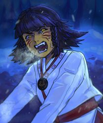 1girl absurdres akita_(ninjago) black_hair braid fangs highres japanese_clothes lego ninjago short_hair snow tears the_lego_group twin_braids yellow_eyes