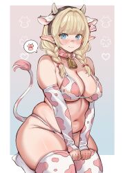 1girl animal_ear_hairband animal_ears animal_print arms_between_legs belt_collar bikini black_hairband blonde_hair blue_eyes blush bow braid breasts choker cleavage collar commission cow cow_ear_hairband cow_ears cow_horns cow_print cow_print_bikini cow_print_gloves cow_print_thighhighs cow_tail cowbell ear_tag elbow_gloves fake_animal_ears fake_horns fingerless_gloves freckles gloves hair_bow hair_over_shoulder hairband horn_hairband horns medium_breasts medium_hair navel neck_bell noiretox original pink_choker plump pointy_ears print_bikini print_gloves print_thighhighs red_bow seiza sitting skindentation smile solo swimsuit tail thick_thighs thighhighs thighs twin_braids