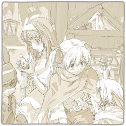 2boys 3girls cloak commentary_request crystal dress furry furry_female furry_male kikurage_(crayon_arts) long_hair monochrome multiple_boys multiple_girls original rabbit_boy rabbit_girl short_hair twintails yellow_theme