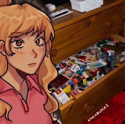 1girl cigarette class_of_09 drawer highres jecka_(class_of_09) knoxblockz pink_shirt shirt