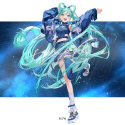 Rule 34 | 1girl, aqua eyes, aqua hair, armpits, arms up, blue jacket, blue skirt, blue thighhighs, blush, braid, commentary, crop top, earrings, hair between eyes, hair ornament, hatsune miku, jacket, jewelry, long hair, long sleeves, looking at viewer, magical mirai (vocaloid), magical mirai miku, magical mirai miku (2025), midriff, navel, nishikikope, open clothes, open jacket, open mouth, see-through clothes, skirt, sky, smile, solo, standing, standing on one leg, star (sky), starry sky, stomach, thighhighs, twin braids, twintails, very long hair, vocaloid