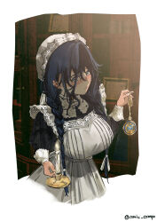 1girl absurdres apron black_dress blue_eyes blue_hair braid breasts candle candlestand comic_compo commentary dress english_commentary hair_between_eyes hat highres holding holding_candlestand holding_pocket_watch hololive hololive_english large_breasts long_hair long_sleeves looking_at_viewer maid maid_apron mob_cap official_alternate_costume official_alternate_hairstyle ouro_kronii ouro_kronii_(maid) pocket_watch solo twin_braids twitter_username virtual_youtuber watch white_apron white_hat