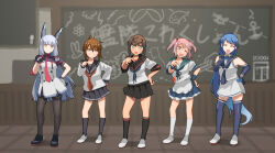Rule 34 | 5girls, black gloves, black hair, black neckerchief, black pantyhose, black sailor collar, black skirt, black socks, black thighhighs, blue hair, blue skirt, brown eyes, brown hair, closed eyes, closed mouth, dress, elbow gloves, ergot, folded ponytail, fubuki (kancolle), fubuki kai ni (kancolle), full body, gloves, green eyes, green sailor collar, grey hair, hair bobbles, hair ornament, hair ribbon, hare hare yukai, headgear, highres, inazuma (kancolle), kantai collection, kneehighs, long hair, long sleeves, multiple girls, murakumo (kancolle), murakumo kai ni (kancolle), neckerchief, one eye closed, open mouth, pantyhose, parody, pink eyes, pink hair, pleated skirt, ponytail, red neckerchief, red ribbon, ribbon, sailor collar, samidare (kancolle), sazanami (kancolle), school uniform, serafuku, shoes, short hair, short ponytail, short sleeves, skirt, sleeveless, smile, socks, strapless, strapless dress, suzumiya haruhi no yuuutsu, thighband pantyhose, thighhighs, tress ribbon, twintails, white dress, white footwear, white gloves, white socks, yellow eyes