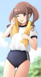 Rule 34 | 1girl, blue buruma, blue sky, brown eyes, brown hair, buruma, cloud, commission, cowboy shot, day, eyebrows hidden by hair, flat chest, gluteal fold, gym shirt, gym uniform, healin&#039; good precure, hiramitsu hinata, long hair, one eye closed, outdoors, precure, shibacha, shirt, skeb commission, sky, solo, t-shirt, thigh gap, towel, towel around neck, twintails, twintails with hair base, white shirt