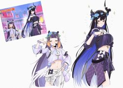Rule 34 | absurdres, asymmetrical horns, black hair, blue hair, blunt bangs, blush, colored inner hair, dancing, demon horns, gradient hair, highres, hololive, hololive english, horns, long hair, long sleeves, low wings, microphone, midriff, multicolored hair, multiple girls, navel, nerissa ravencroft, ninomae ina&#039;nis, orange hair, pointy ears, purple hair, red eyes, reference inset, shorts, sidelocks, sparkle, tentacle hair, two-tone hair, uneven horns, very long hair, virtual youtuber, wings, yorobisan