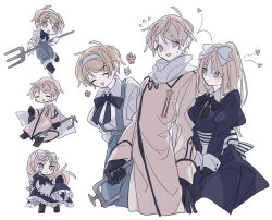 Rule 34 | 1boy, 2girls, apron, arms behind back, axis powers hetalia, back bow, baggy pants, belarus (hetalia), black boots, black bow, black bowtie, black gloves, blonde hair, blue bow, blue bowtie, blue dress, blue eyes, blue pants, boots, bottle, bow, bowtie, breasts, brother and sister, brown coat, chibi, chibi inset, closed eyes, closed mouth, clothes lift, coat, collared coat, collared dress, collared shirt, commentary request, cowboy shot, dagger, dress, dress lift, flower, flying sweatdrops, frills, full body, gloves, green pants, grey hair, hair between eyes, hair bow, hair ornament, hairband, hand up, heart, highres, holding, holding bottle, holding dagger, holding knife, holding lead pipe, holding polearm, holding weapon, juliet sleeves, knife, lead pipe, long hair, long sleeves, looking at another, looking at viewer, medal, medium breasts, multiple girls, nervous, open mouth, pants, pink flower, polearm, puffy sleeves, russia (hetalia), scarf, sheer candy, shirt, short hair, siblings, sisters, smile, sparkle, standing, star ornament, striped bow, suspenders, sweat, trident, ukraine (hetalia), weapon, white apron, white bow, white hairband, white scarf, white shirt, x hair ornament