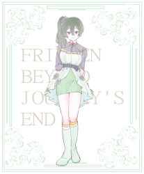 1girl absurdres arm_behind_back belt belt_buckle black_belt boots buckle closed_mouth copyright_name dress flower green_boots green_hair green_skirt grey_shirt hair_between_eyes hair_flower hair_ornament highres knee_boots long_sleeves purple_eyes rose seila_rei shirt side_ponytail skirt smile solo sousou_no_frieren standing text_background ubel_(sousou_no_frieren) white_background white_dress white_flower white_rose